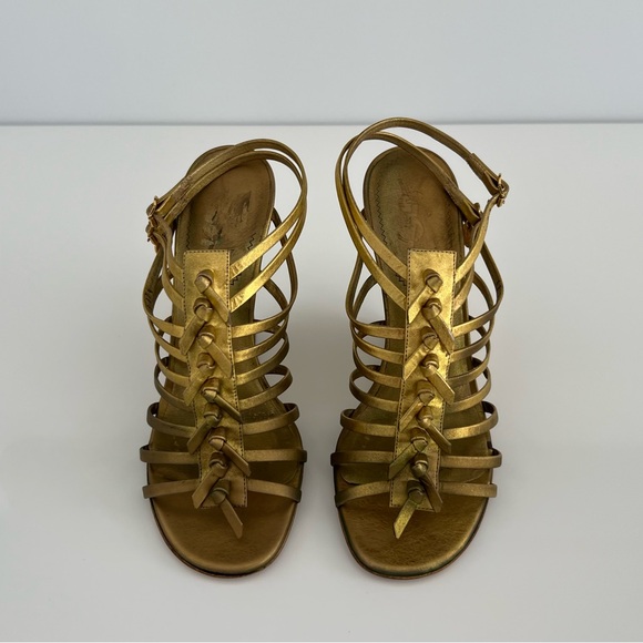 YVES SAINT LAURENT BRONZE GOLD GLADIATOR WEDGE SANDALS SIZE IT 37.5 / US 7.5 - Picture 7 of 17